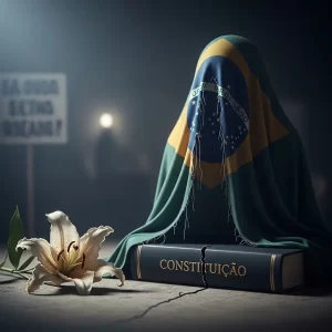 Anistia 8 de Janeiro: imagem simbólica com o livro da Constituição rachado e a bandeira do Brasil rasgada, representando o debate sobre impunidade e democracia.