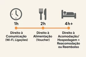 Infográfico com linha do tempo dos direitos do passageiro em caso de atraso de voo: comunicação após 1h, alimentação após 2h e hospedagem/reembolso após 4h.