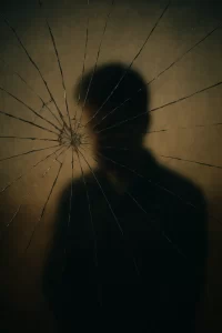 Silhueta desfocada de uma pessoa vista através de um vidro rachado, simbolizando fragilidade emocional ou reputação abalada.