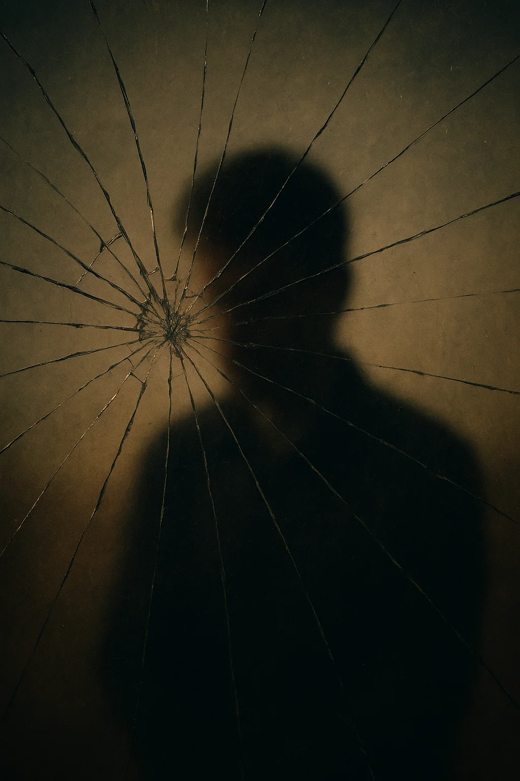 Dano Moral: Silhueta desfocada de uma pessoa vista através de um vidro rachado, simbolizando fragilidade emocional ou reputação abalada.