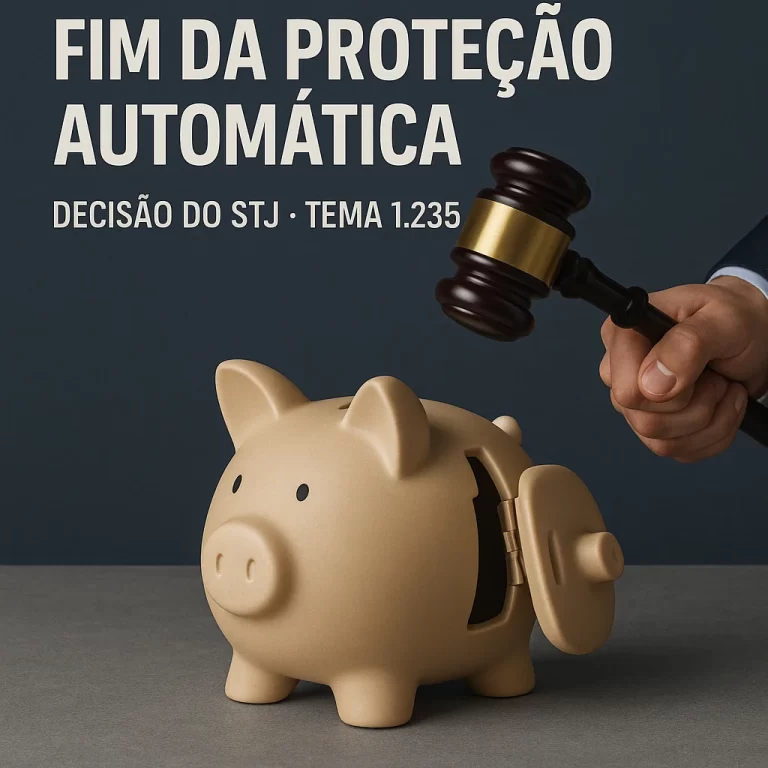 impenhorabilidade de 40 salários mínimos | Cofrinho sendo aberto por um martelo de juiz, simbolizando decisão do STJ sobre o fim da proteção automática – Tema 1.235.