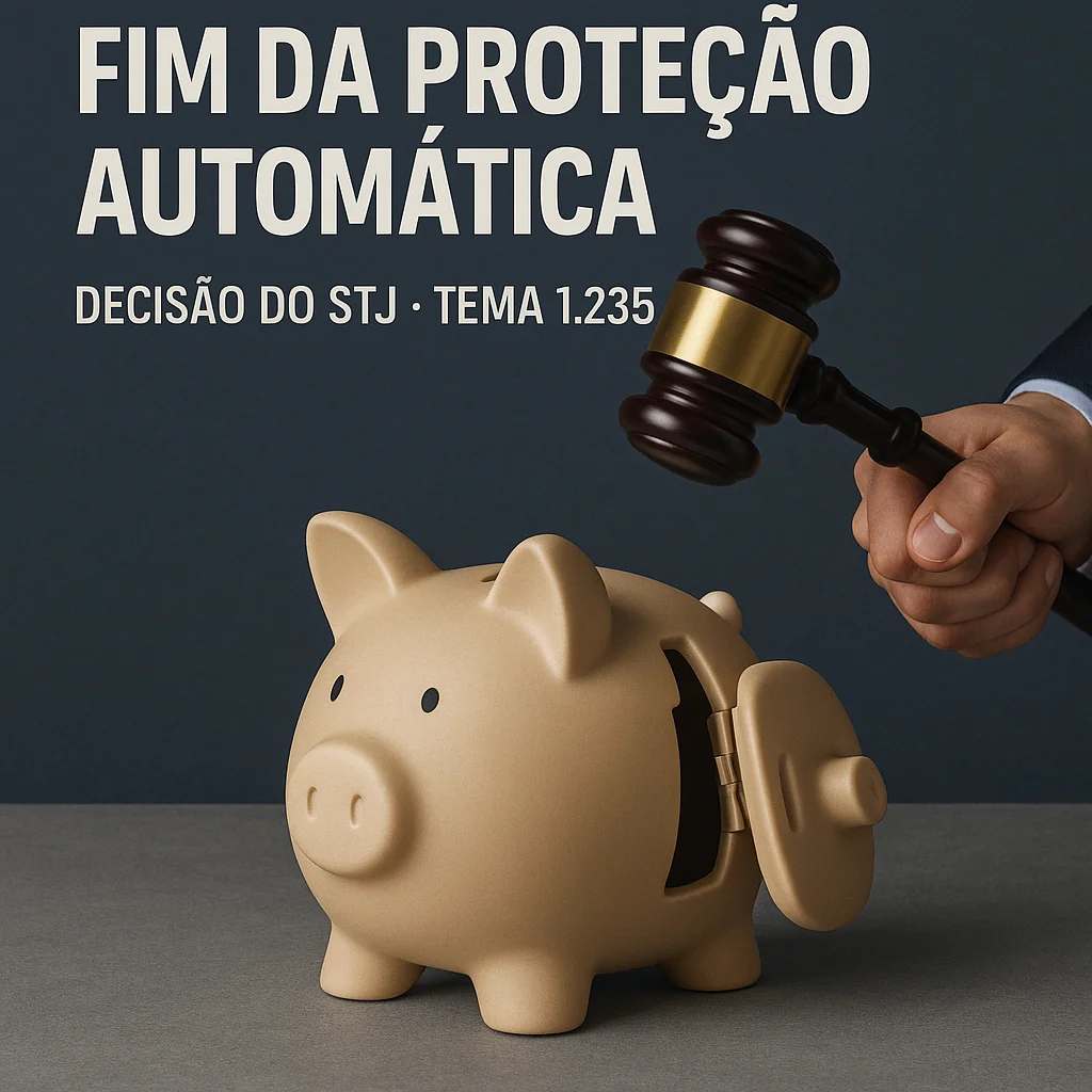 impenhorabilidade de 40 salários mínimos | Cofrinho sendo aberto por um martelo de juiz, simbolizando decisão do STJ sobre o fim da proteção automática – Tema 1.235.