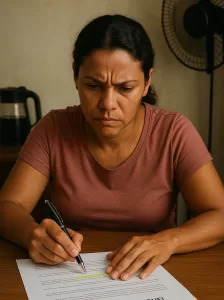 Mulher brasileira analisa cláusula destacada em contrato de aluguel, expressando dúvida diante de possíveis cláusulas abusivas de aluguel.