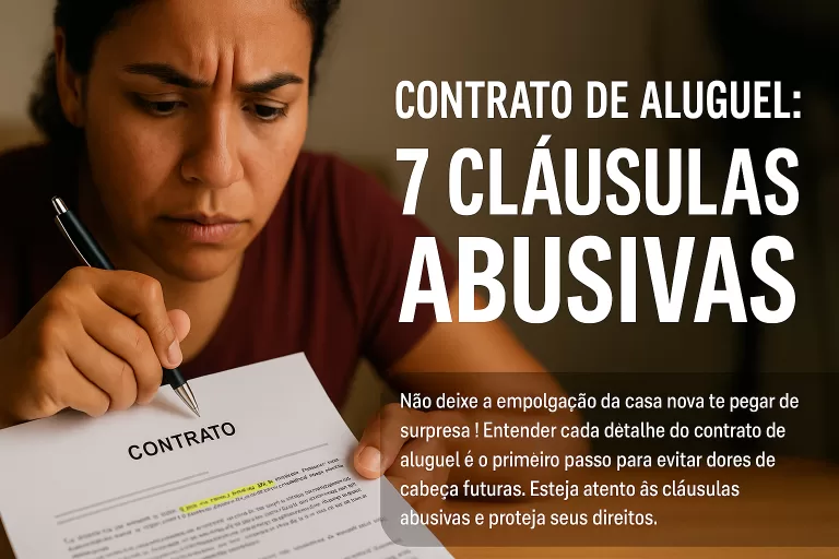 Pessoa tensa lendo contrato de aluguel antes de assinar, focando em cláusulas abusivas. Importância de revisar o contrato de locação.