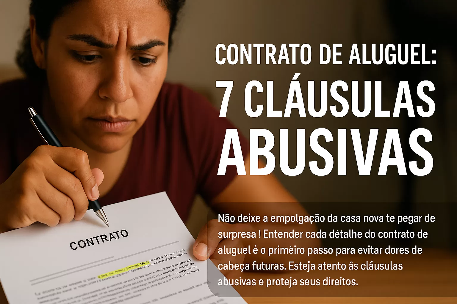 Pessoa tensa lendo contrato de aluguel antes de assinar, focando em cláusulas abusivas. Importância de revisar o contrato de locação.