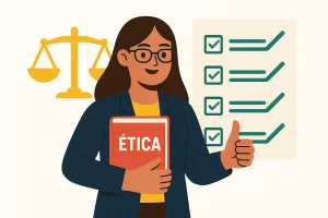 Estudante focado revisando conteúdo de Ética profissional para a prova da OAB com materiais organizados e concentração total.