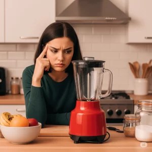 Seu produto estragou na garantia: mulher pensativa olhando para um liquidificador vermelho na cozinha, frutas e ingredientes ao lado