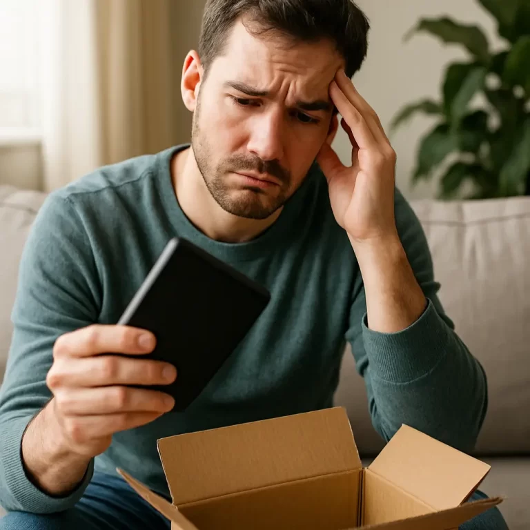 compra online errada: Homem desapontado olhando para um produto errado em uma caixa de compra online.