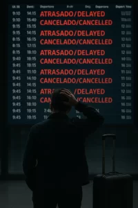 Pessoa frustrada diante de painel de voos com atrasos e cancelamentos no aeroporto.