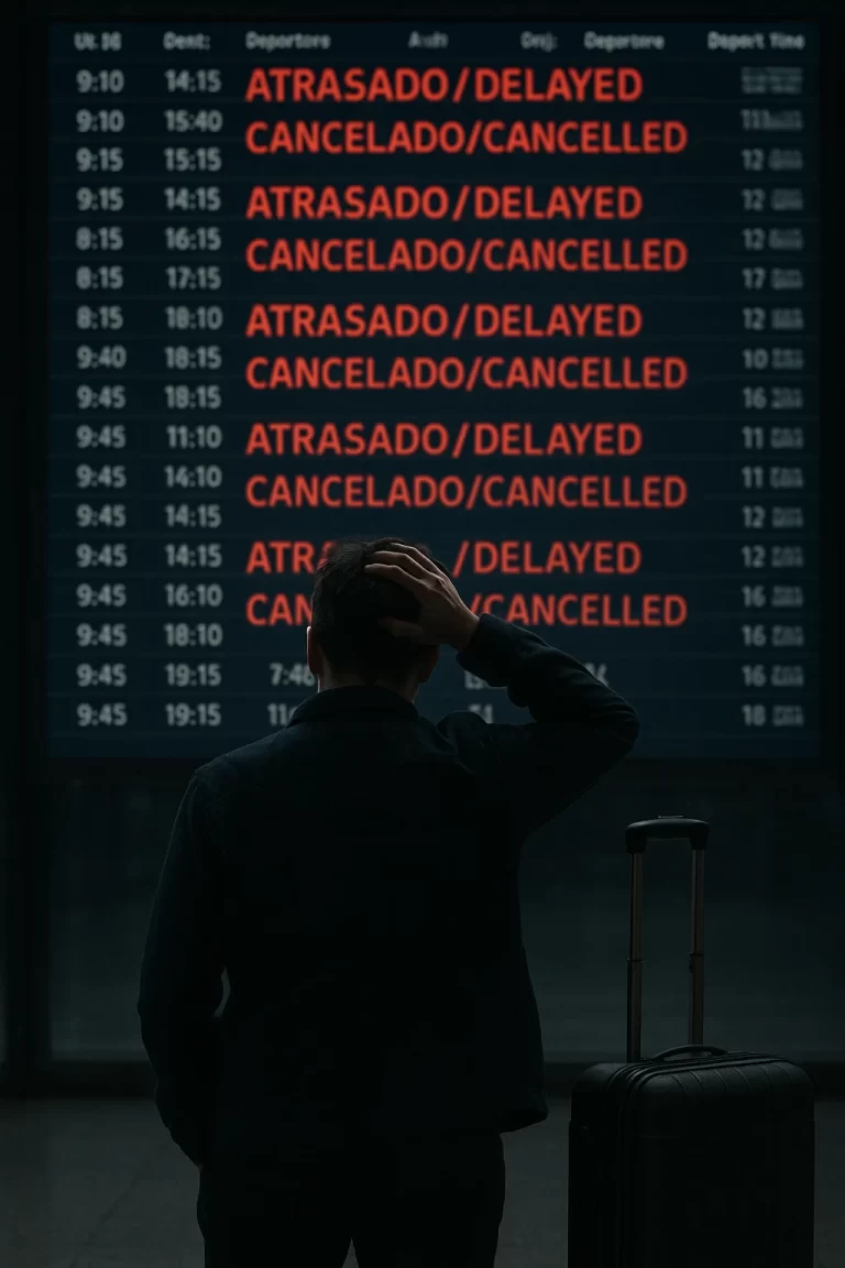 Pessoa frustrada diante de painel de voos com atrasos e cancelamentos no aeroporto.