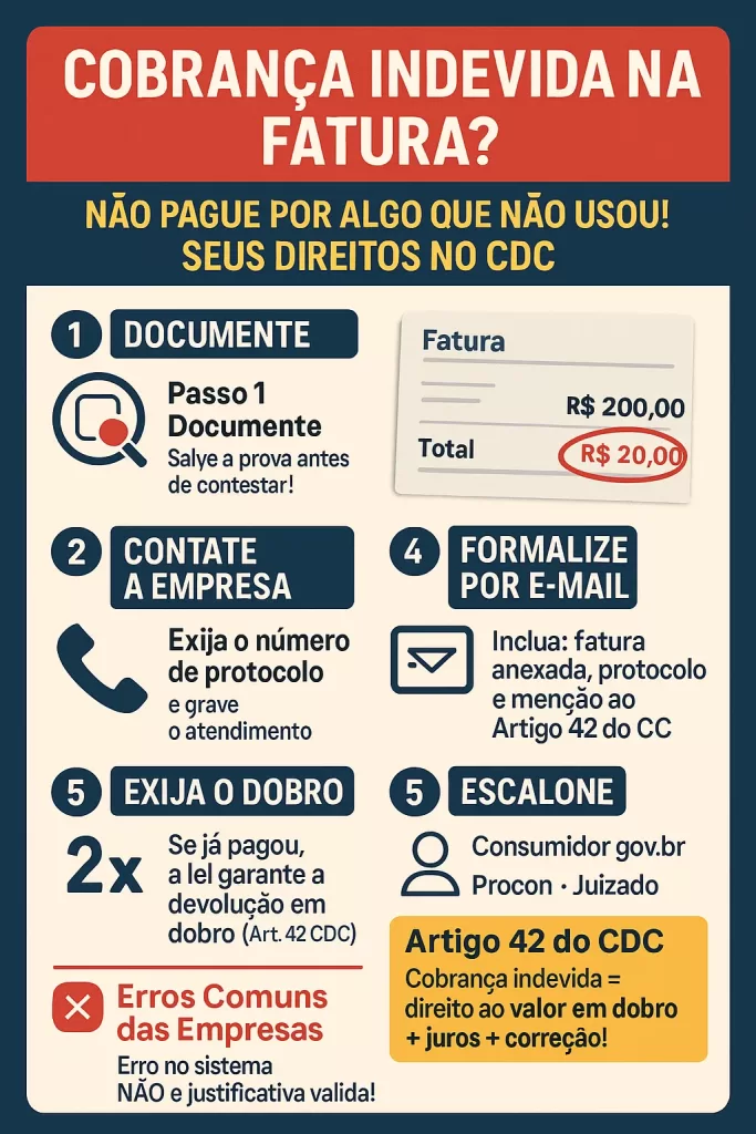 Infográfico com 5 passos para contestar cobrança indevida na fatura e exigir devolução em dobro com base no CDC.