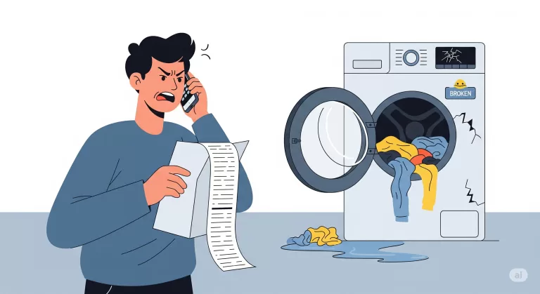 Consumidor frustrado ao telefone tentando acionar um dos tipos de garantia para um produto com defeito.