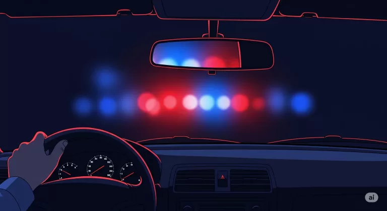 Ilustração de mão no volante refletindo luzes de viatura policial no retrovisor, simbolizando a tensão de uma abordagem que pode levar a uma prisão em flagrante.