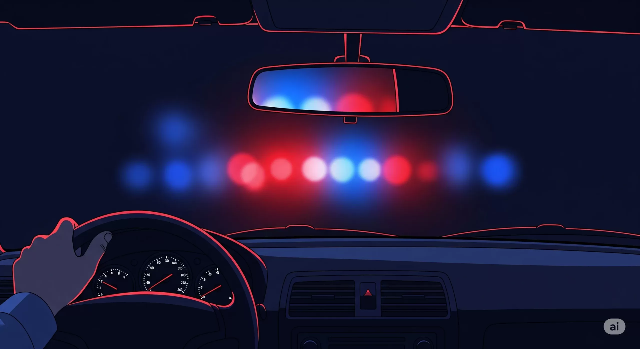 Ilustração de mão no volante refletindo luzes de viatura policial no retrovisor, simbolizando a tensão de uma abordagem que pode levar a uma prisão em flagrante.