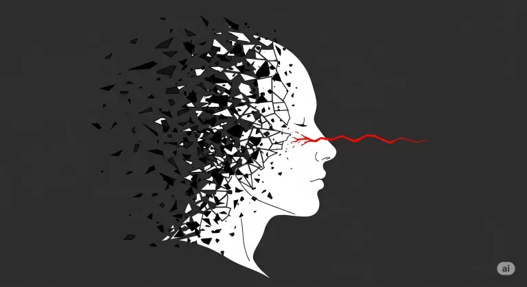 Ilustração conceitual para a Resenha O Discurso de Ódio, mostrando um perfil humano que se fragmenta para simbolizar a tese do auto-ódio de André Glucksmann.
