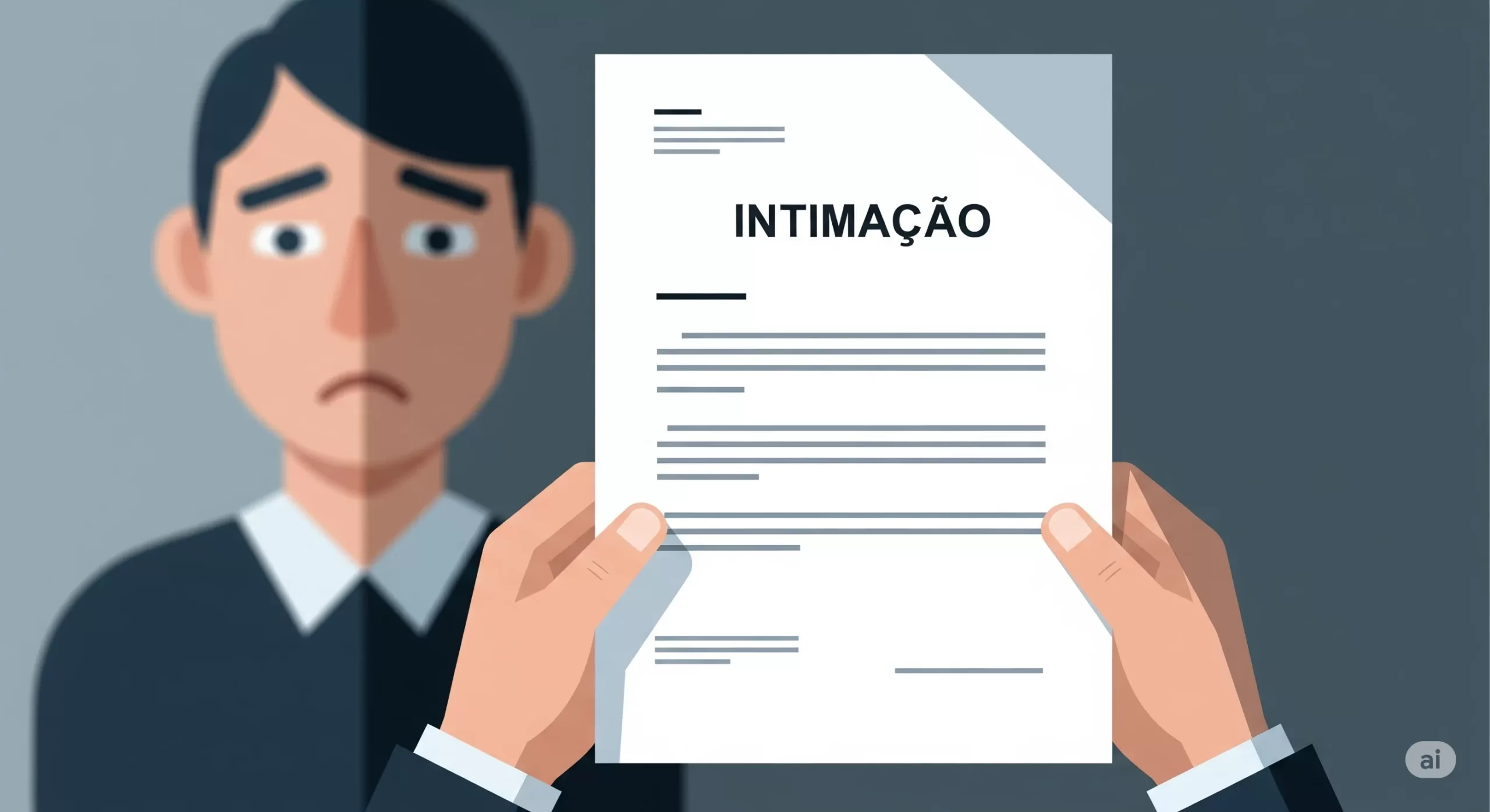 Mãos segurando uma intimação policial, com uma pessoa preocupada desfocada ao fundo. A imagem tem um estilo plano e iluminação sóbria.