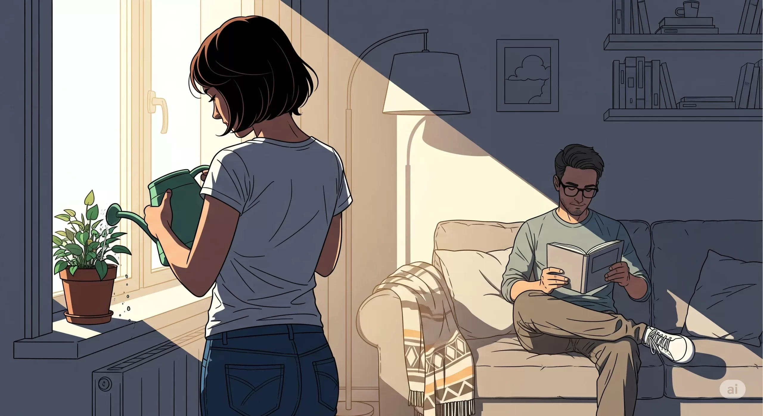 Ilustração de um casal em uma união estável, compartilhando um momento cotidiano em casa, simbolizando a convivência contínua com direitos e deveres.