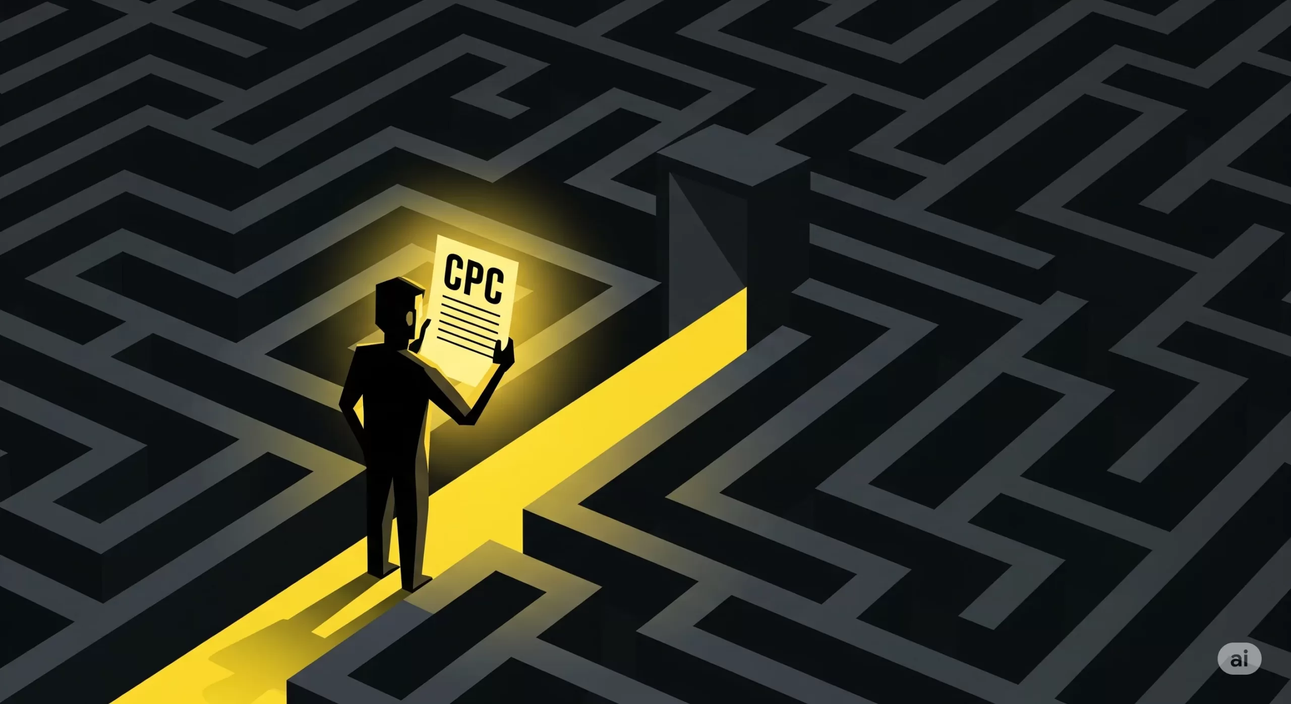 uma introdução ao Direito Processual Ilustração de uma figura em silhueta segurando um documento escrito 'CPC', iluminando um caminho claro em um labirinto escuro.