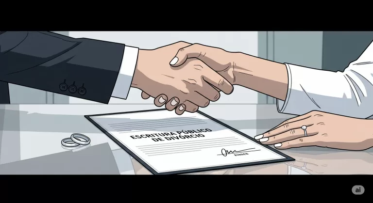 Ilustração de um aperto de mão sobre uma escritura de divórcio extrajudicial, simbolizando um término de casamento consensual e em paz, realizado no cartório.
