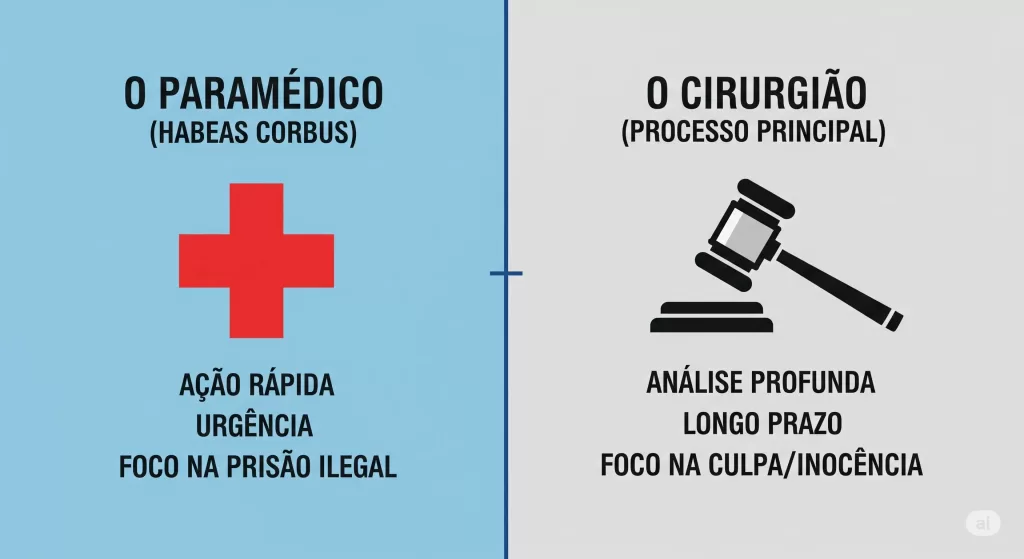 Infográfico explicando a função do Habeas Corpus com a analogia do paramédico que atende a emergência (prisão ilegal).