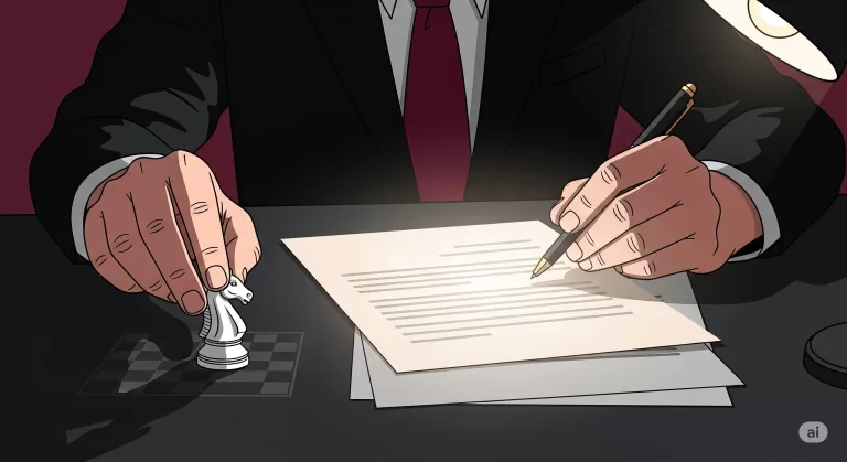 Ilustração da preparação de uma resposta à acusação, com uma mão escrevendo o documento e outra movendo uma peça de xadrez, simbolizando a estratégia de defesa.