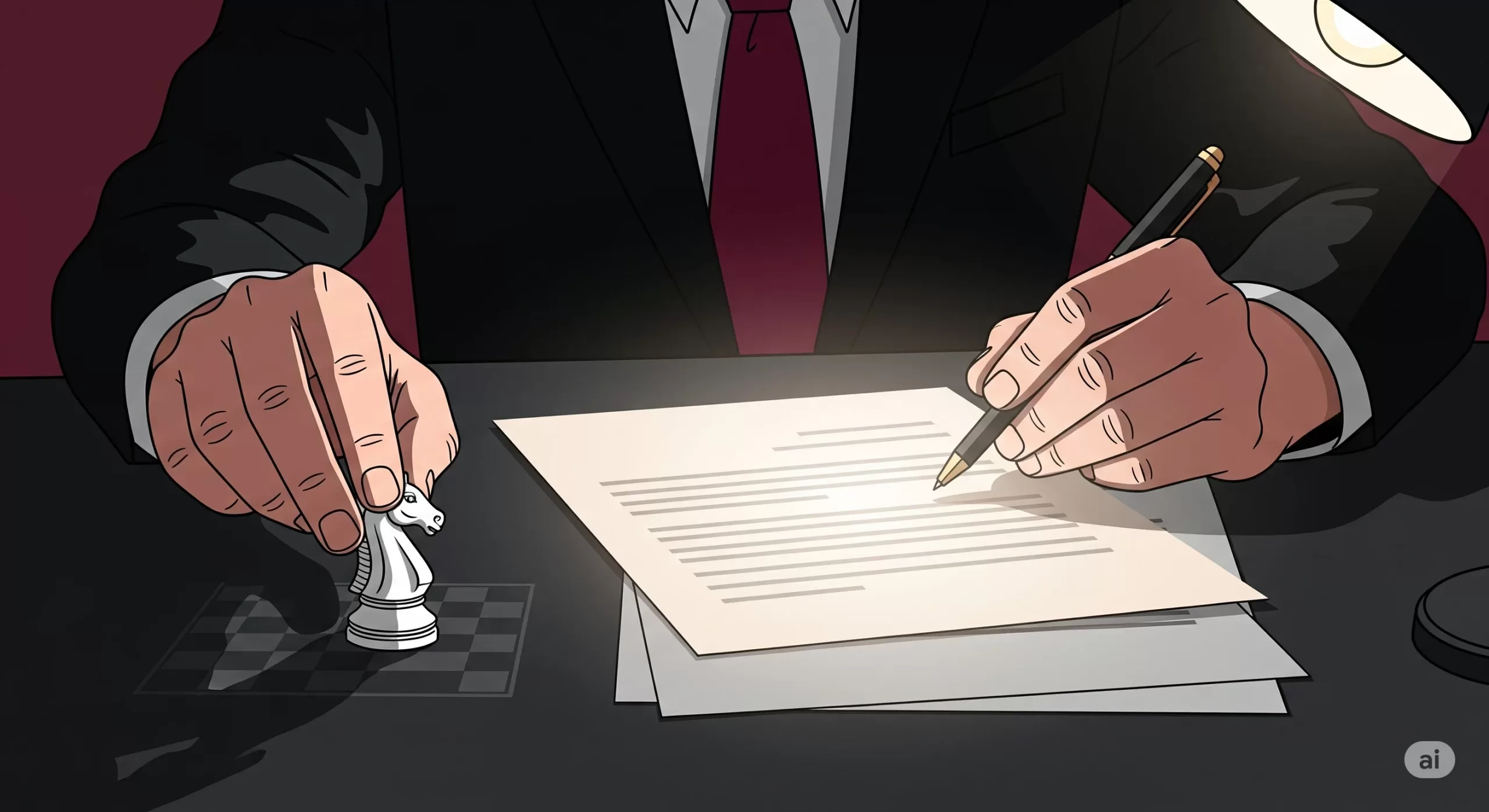 Ilustração da preparação de uma resposta à acusação, com uma mão escrevendo o documento e outra movendo uma peça de xadrez, simbolizando a estratégia de defesa.