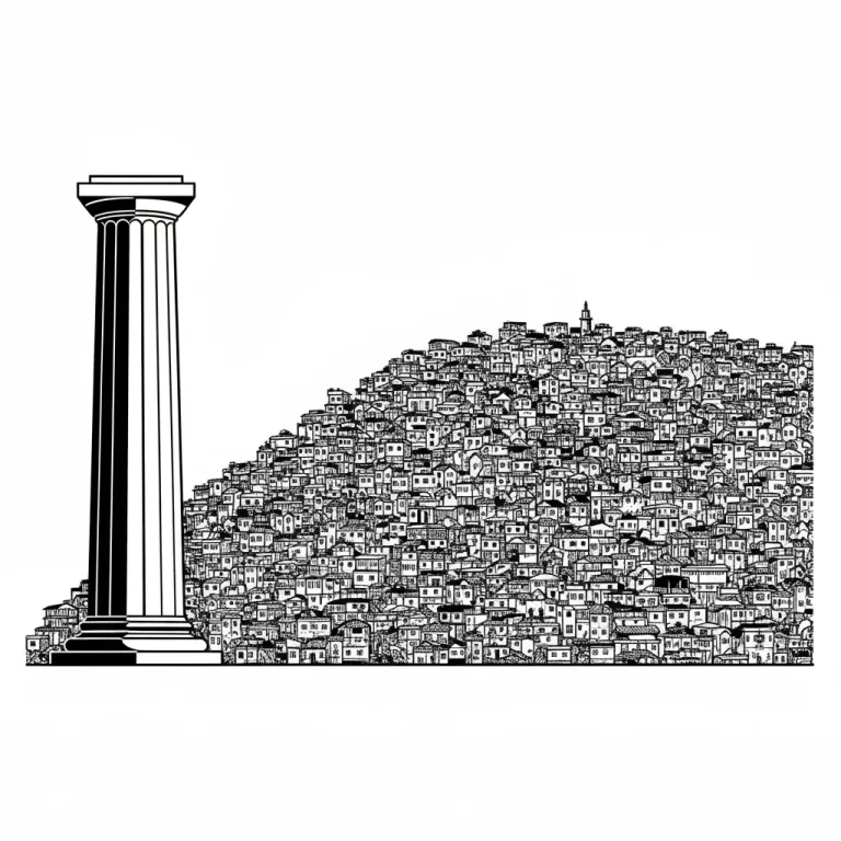 Ilustração minimalista em preto e branco sobre a ADPF das Favelas. Um pilar do STF, com suas linhas retas, contrasta com a silhueta densa e orgânica de uma favela, simbolizando o conflito entre a lei formal e a realidade social.