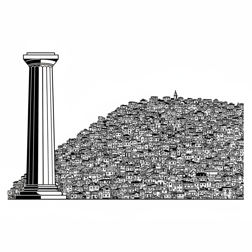 Ilustração minimalista em preto e branco sobre a ADPF das Favelas. Um pilar do STF, com suas linhas retas, contrasta com a silhueta densa e orgânica de uma favela, simbolizando o conflito entre a lei formal e a realidade social.