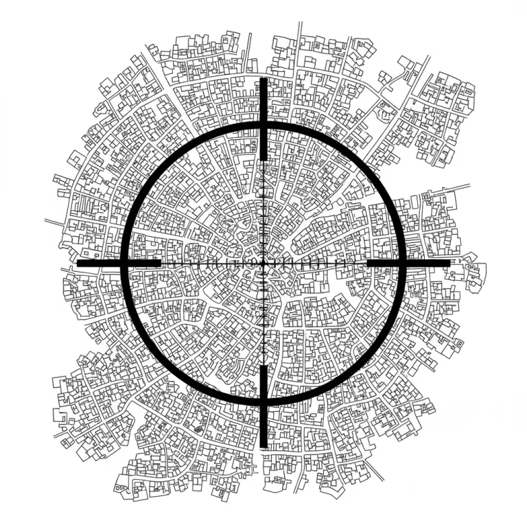 Ilustração conceitual sobre a PEC da Segurança Pública: uma mira de rifle (crosshair) sobreposta a um mapa simplificado de uma favela, simbolizando o risco de políticas que transformam comunidades em alvos.