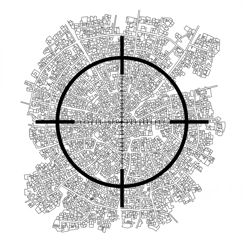 Ilustração conceitual sobre a PEC da Segurança Pública: uma mira de rifle (crosshair) sobreposta a um mapa simplificado de uma favela, simbolizando o risco de políticas que transformam comunidades em alvos.