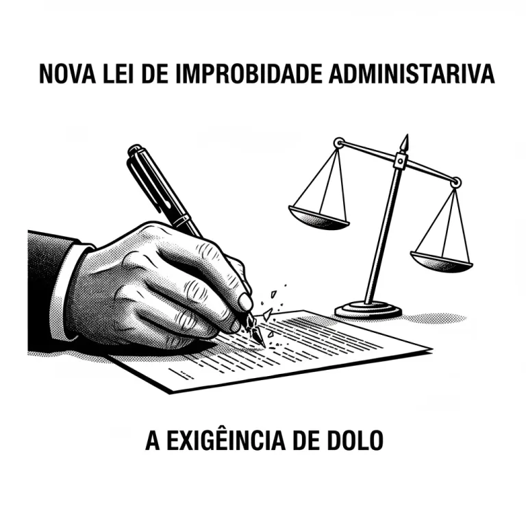 Ilustração em preto e branco de uma mão hesitando em assinar um documento, simbolizando a nova lei de improbidade administrativa e a exigência de dolo específico.