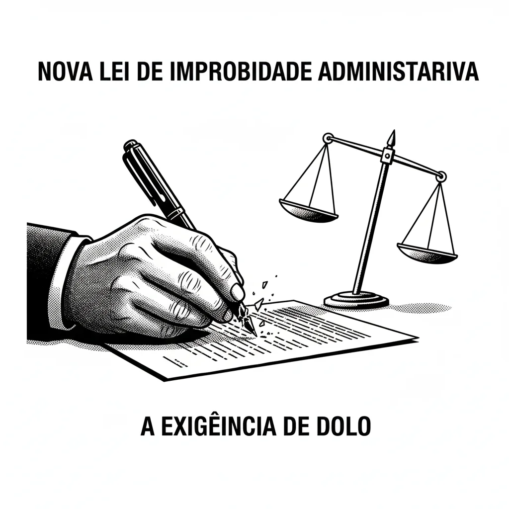 Ilustração em preto e branco de uma mão hesitando em assinar um documento, simbolizando a nova lei de improbidade administrativa e a exigência de dolo específico.