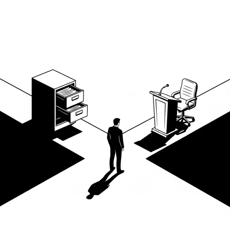Ilustração em preto e branco de um servidor público em uma encruzilhada, simbolizando os direitos e deveres dos Agentes Públicos e a Lei 8.112/90.