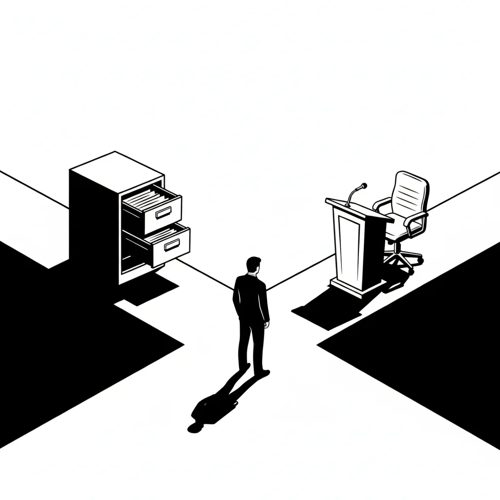 Ilustração em preto e branco de um servidor público em uma encruzilhada, simbolizando os direitos e deveres dos Agentes Públicos e a Lei 8.112/90.