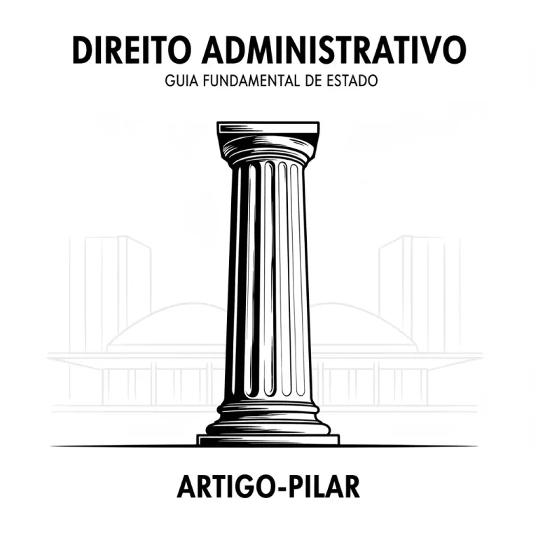 Ilustração em preto e branco, estilo graphic novel, de um pilar de lei simbolizando o Guia Definitivo de Direito Administrativo, com as linhas do Congresso Nacional ao fundo.