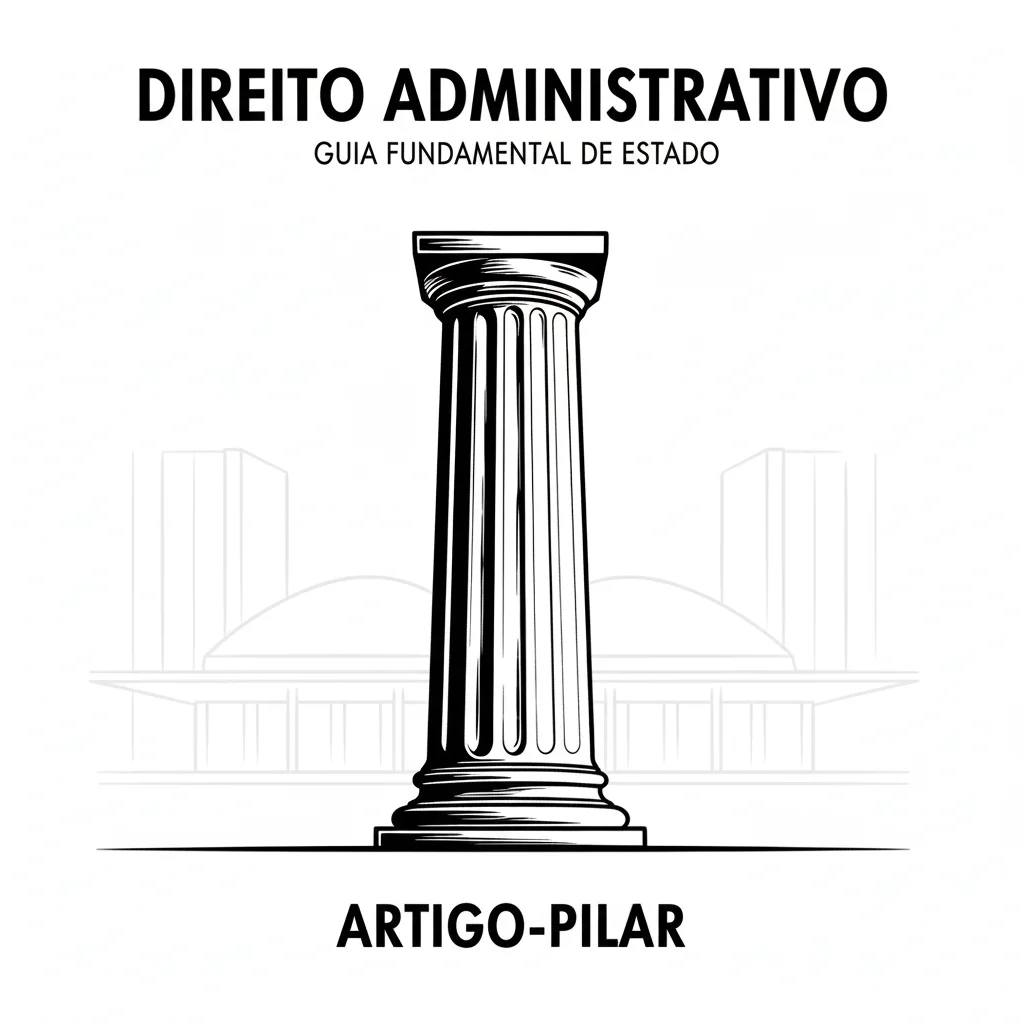 Ilustração em preto e branco, estilo graphic novel, de um pilar de lei simbolizando o Guia Definitivo de Direito Administrativo, com as linhas do Congresso Nacional ao fundo.