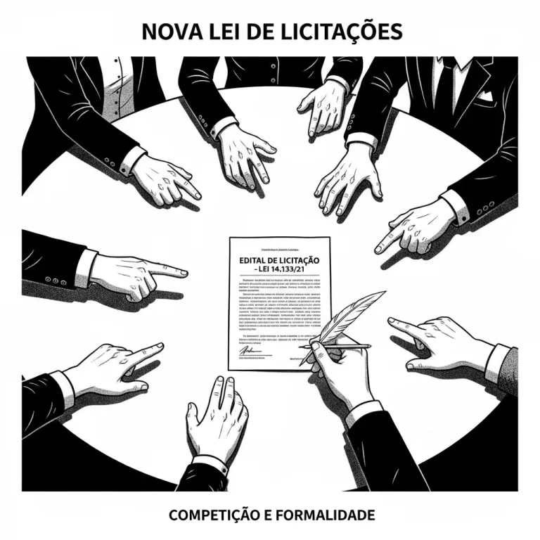 Ilustração em preto e branco estilo graphic novel de várias mãos competindo por um contrato, simbolizando a Nova Lei de Licitações 14.133/21.