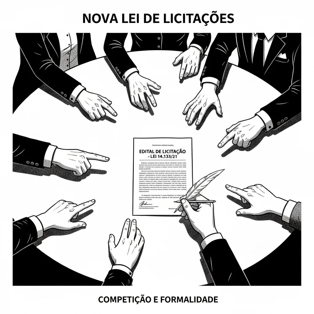 Ilustração em preto e branco estilo graphic novel de várias mãos competindo por um contrato, simbolizando a Nova Lei de Licitações 14.133/21.