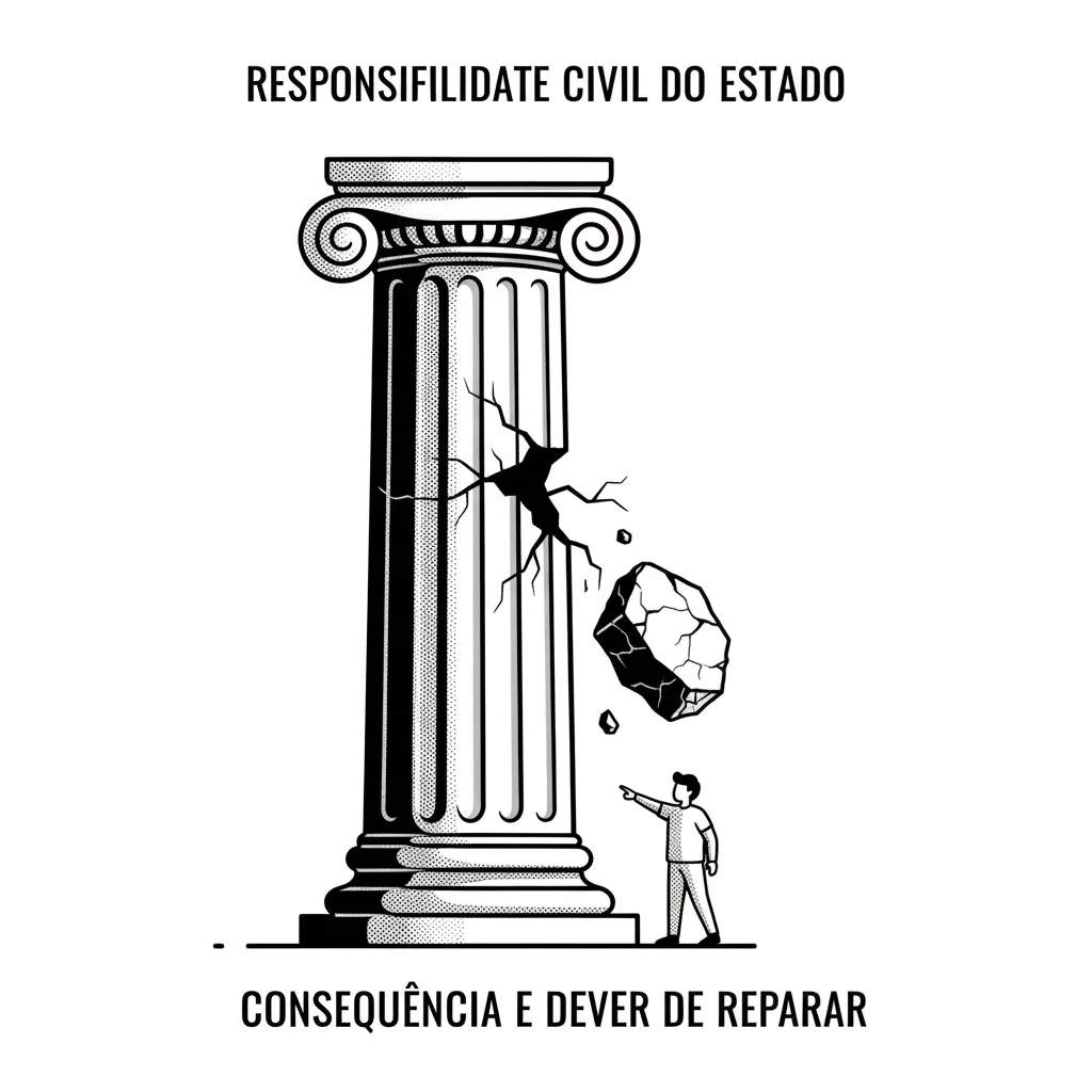 Ilustração em preto e branco de uma coluna de um prédio público rachada, simbolizando a Responsabilidade Civil do Estado e a Teoria do Risco Administrativo.