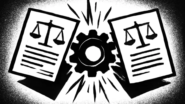 Ilustração minimalista em preto e branco de dois documentos legais colidindo com uma engrenagem entre eles, simbolizando o conflito entre normas jurídicas (antinomia)