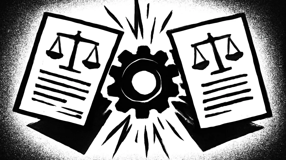 Ilustração minimalista em preto e branco de dois documentos legais colidindo com uma engrenagem entre eles, simbolizando o conflito entre normas jurídicas (antinomia)