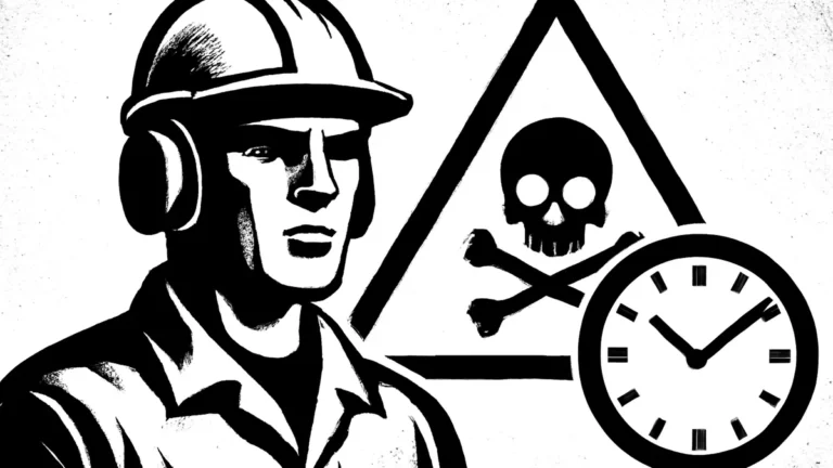 Ilustração minimalista em preto e branco de um trabalhador com capacete ao lado de um símbolo de risco e um relógio, simbolizando a aposentadoria especial por atividade insalubre
