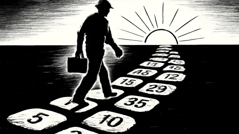 Ilustração simbolizando aposentadoria e INSS: trabalhador caminhando por trilha de anos de contribuição
