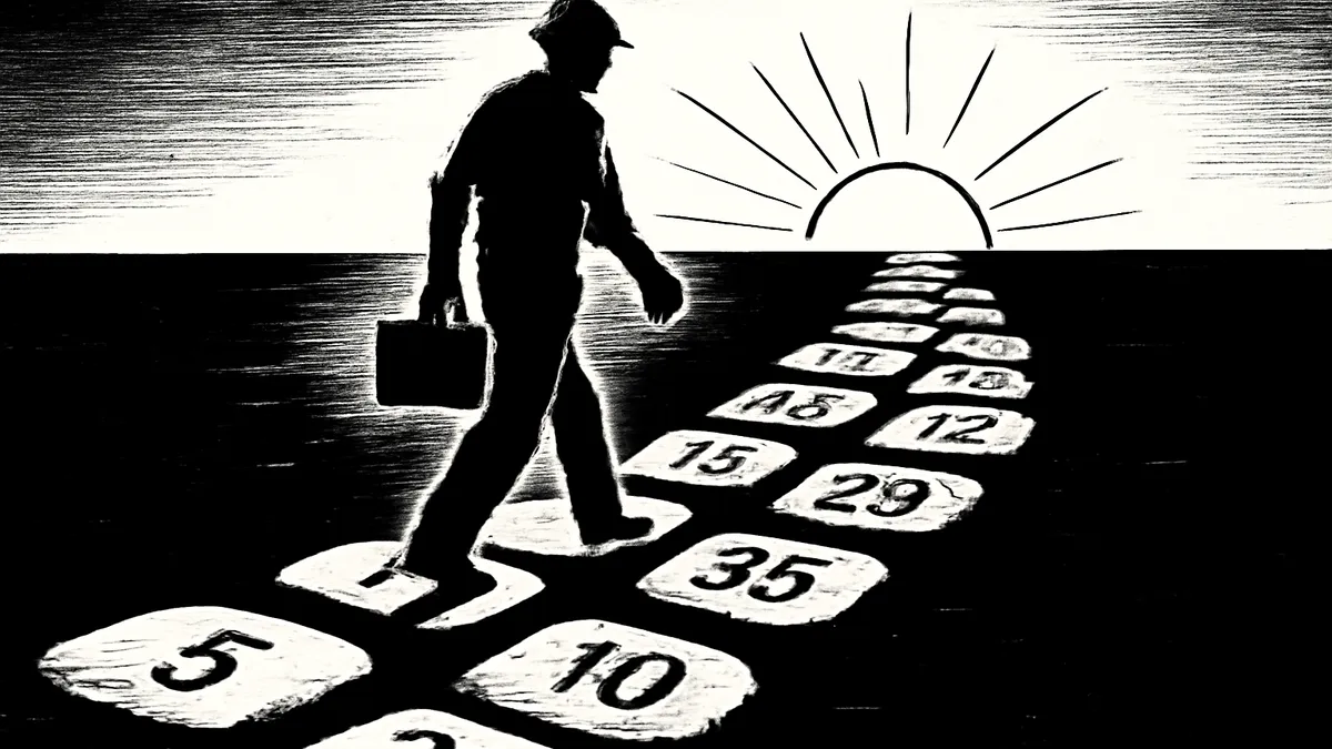 Ilustração simbolizando aposentadoria e INSS: trabalhador caminhando por trilha de anos de contribuição