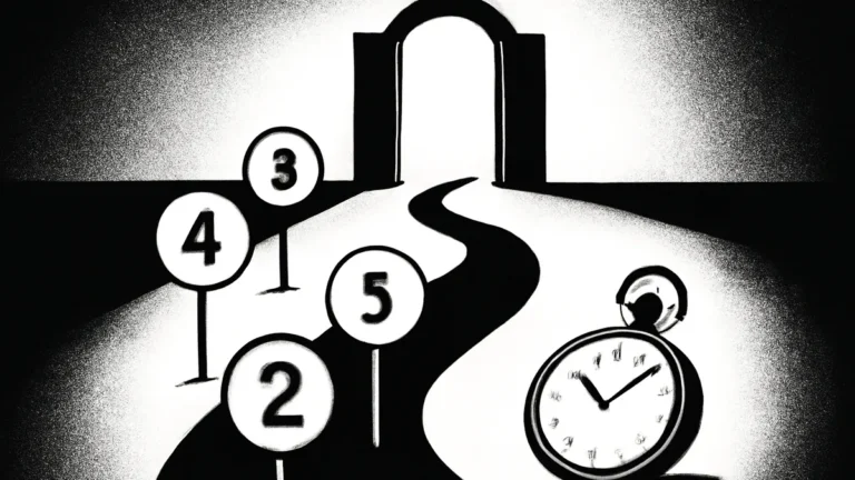 Ilustração simbolizando aposentadoria por idade: caminho com placas numeradas até um portão, com relógio ao lado