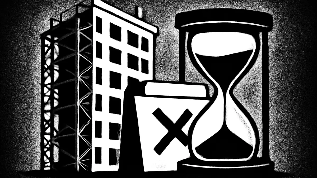 Ilustração minimalista em preto e branco de um prédio em construção ao lado de uma ampulheta e um calendário marcado com X, simbolizando o atraso na entrega do imóvel