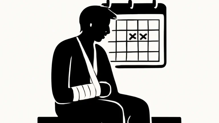 Ilustração simbolizando auxílio-doença: pessoa com braço em tipoia esperando ao lado de calendário