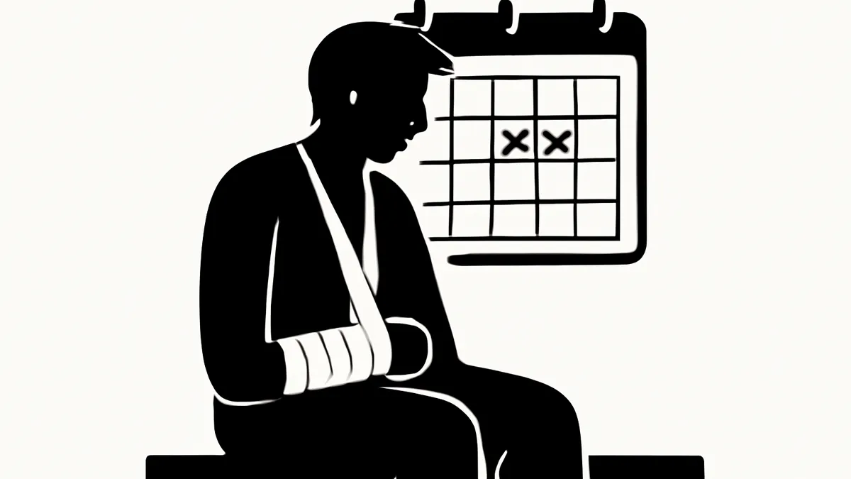 Ilustração simbolizando auxílio-doença: pessoa com braço em tipoia esperando ao lado de calendário