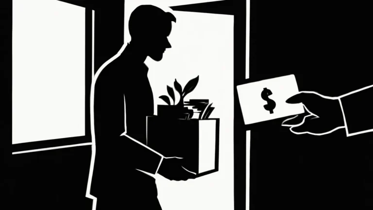 Ilustração simbolizando demitido sem justa causa: pessoa saindo com caixa recebendo pagamento