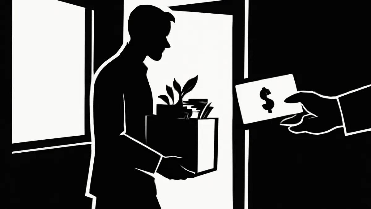 Ilustração simbolizando demitido sem justa causa: pessoa saindo com caixa recebendo pagamento